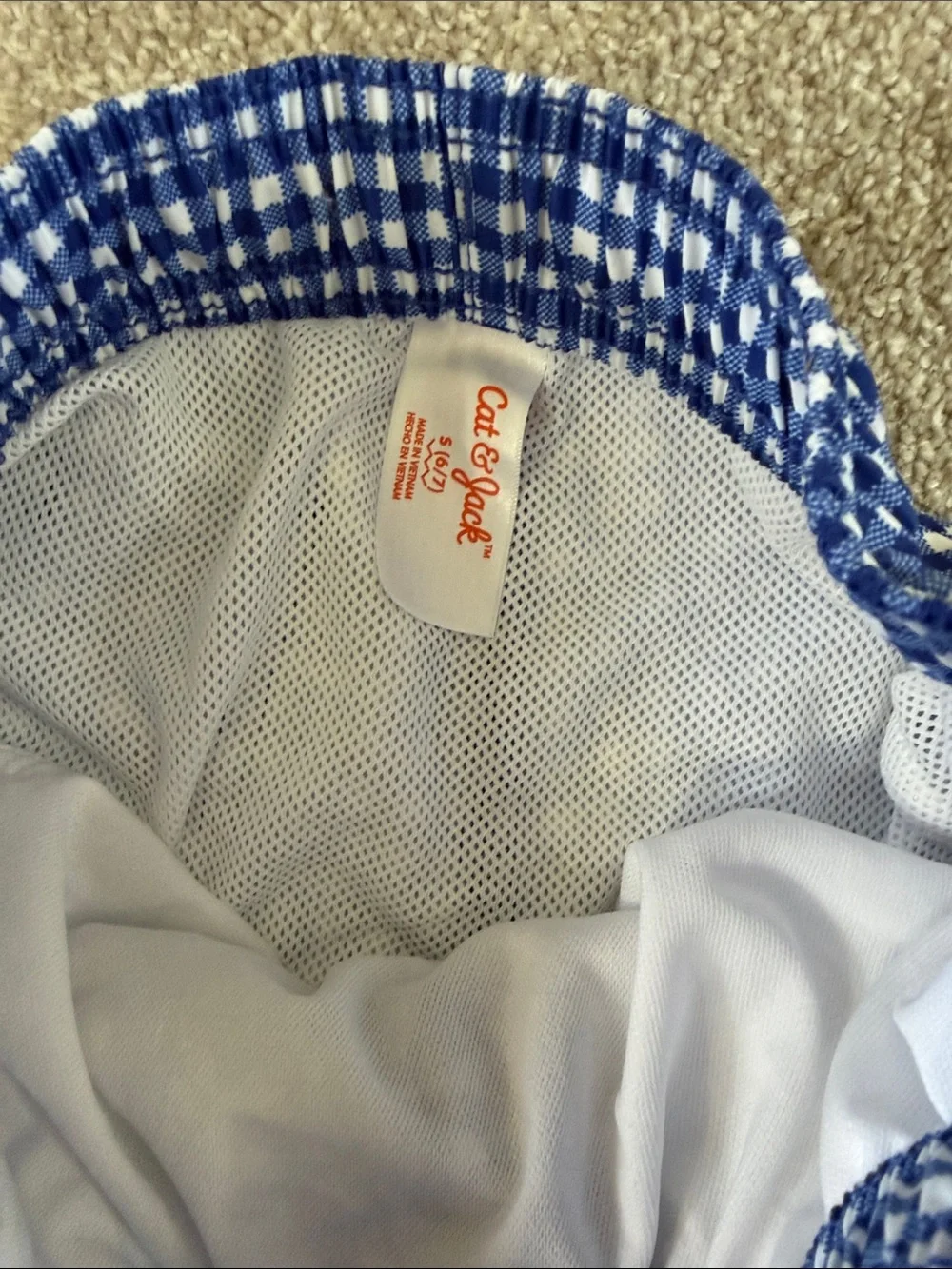 NWT Boys Blue Gingham Swim Shorts with lining and back pocket size small 6/7